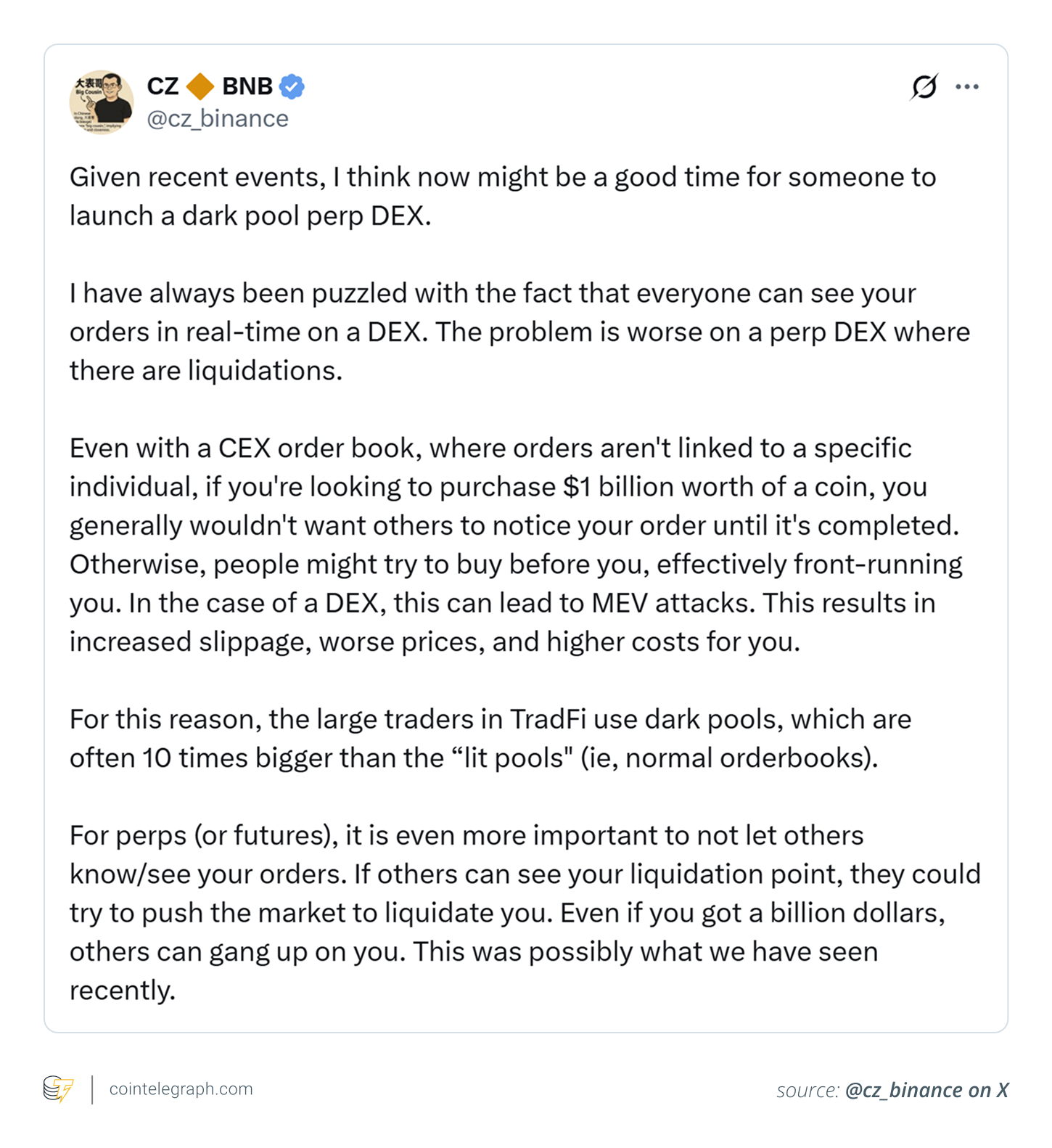 CZ has proposed a dark pool perp DEX to deal with MEV attacks