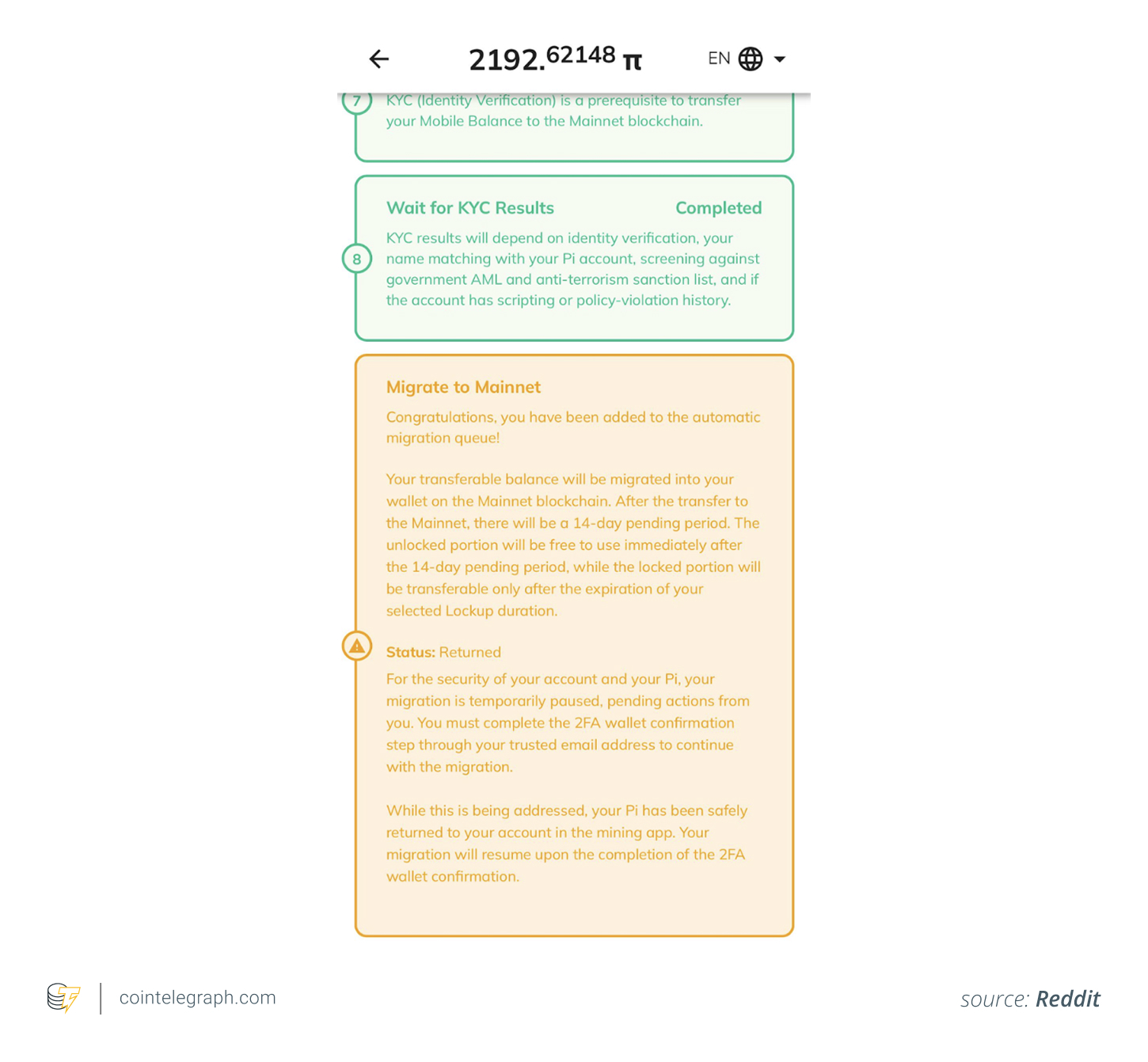 Pi coin being returned after what seems to be a successful migration