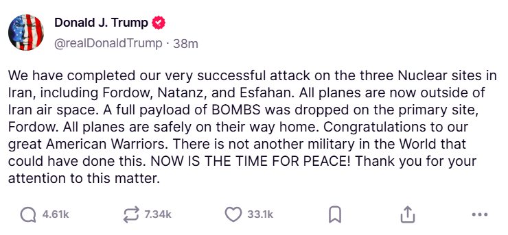 Trump announces US airstrikes on Iranian nuclear sites