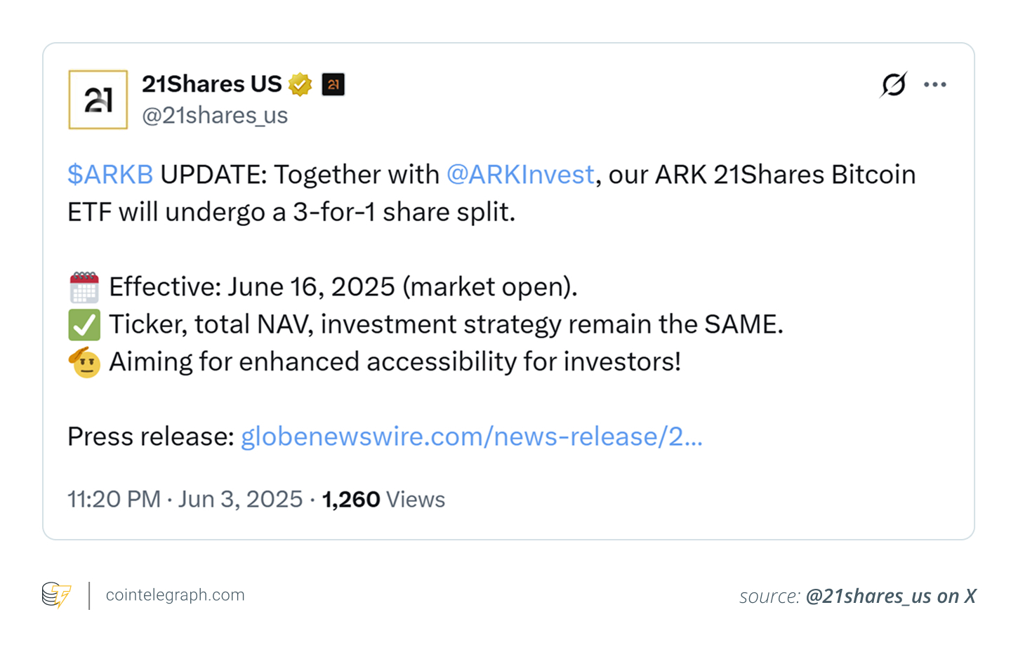 X announcement for ARK 21Shares Bitcoin ETF (ARKB) with 3-for-1 share split