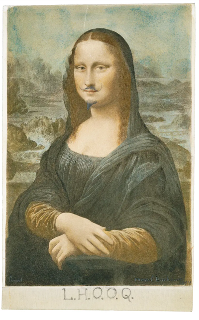 A postcard of the Mona Lisa with a mustache and goatee drawn onto her.