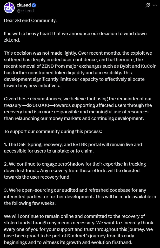 zkLend ceases operations