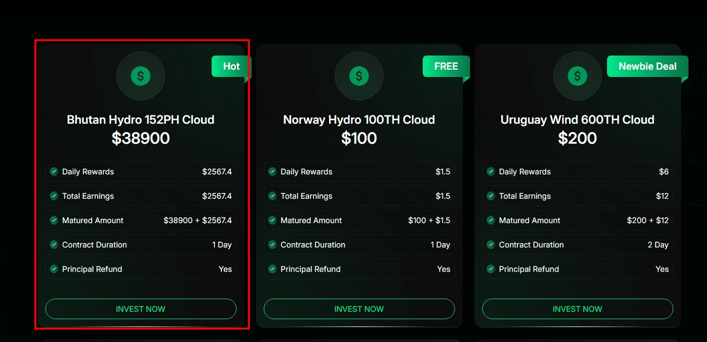 Visit the “Mining Plans” page and locate the “Bhutan Hydro 152PH Cloud” plan, currently on promotion.