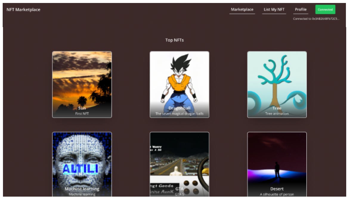 Fig. 4. NFT Marketplace Page