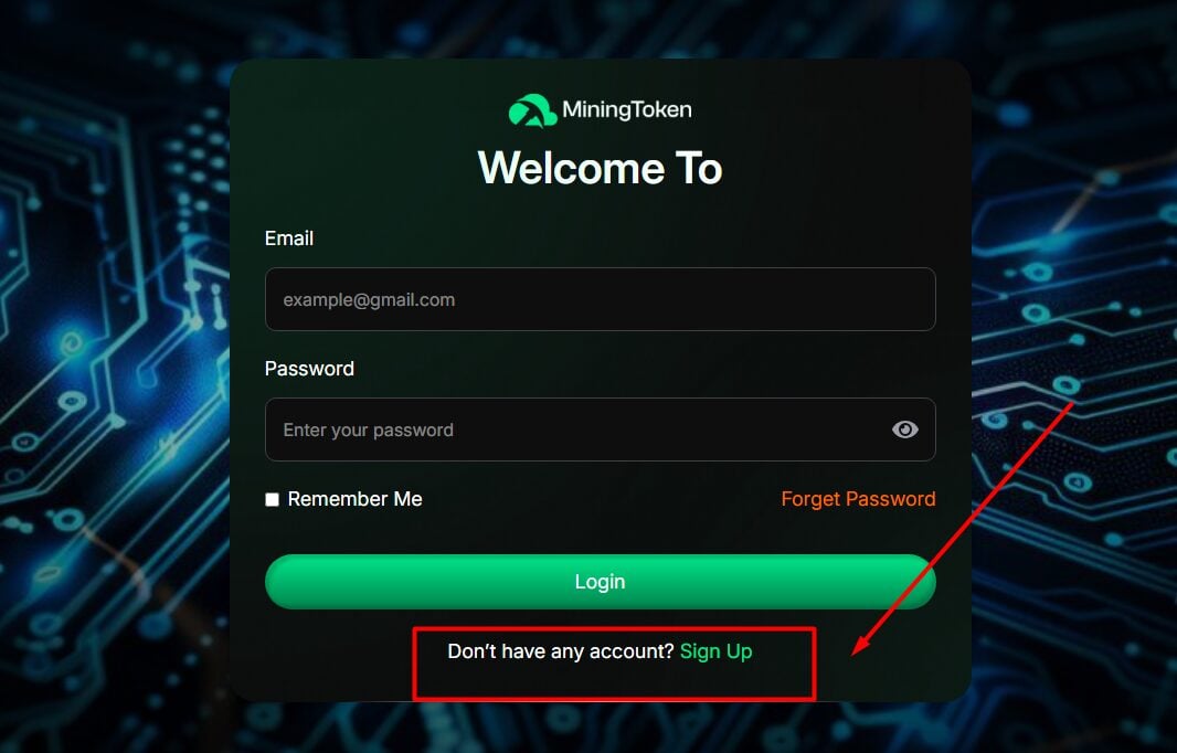 Go to the login page and click “Sign Up” below the login window.