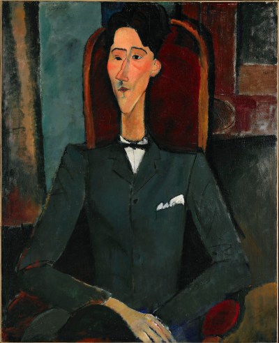 A painted portrait of a man in a suit seated in a high-backed chair.