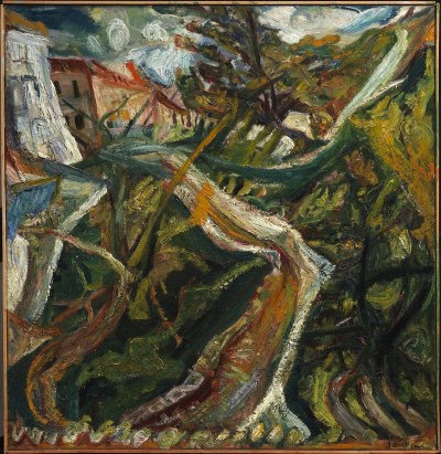 A painting of buildings beside a bent tree.