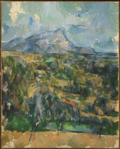 A painting of a mountain looming above a hilly landscape.