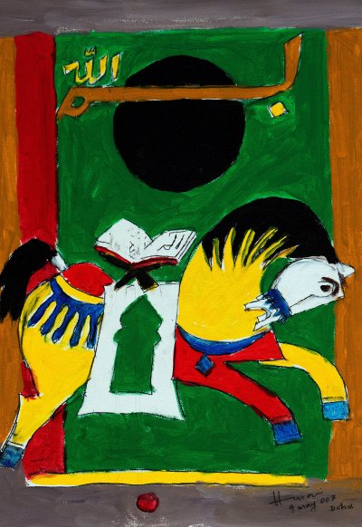 A drawing of a horse with a book on its saddle 