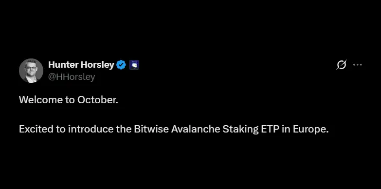 Hunter Horsley introduces Bitwise Avalanche Staking ETP in Europe