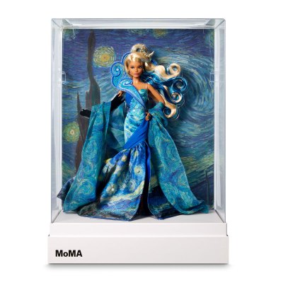 A Barbie doll with a Starry Night gown in her box. 