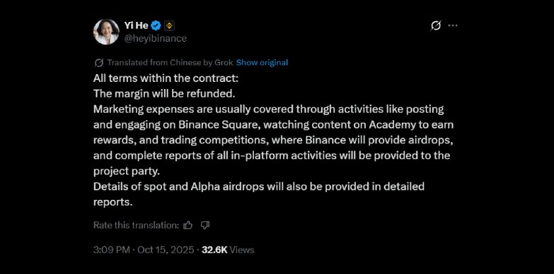 He Yi clarifies Binance's listing process