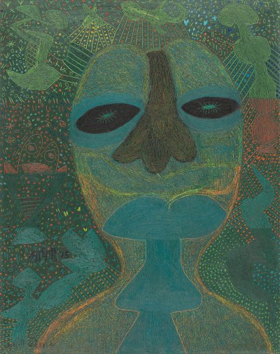 A mostly green, semi-abstract portrait of a head.