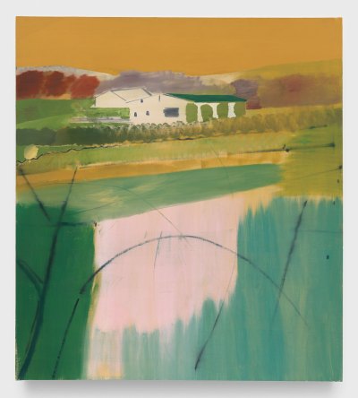 A landscape painting with an abstract foreground and a house in the distant.