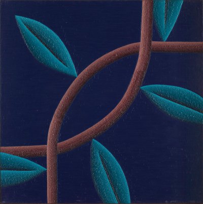 A painting of the close-up of a vine with green leaves against a midnight-blue background.