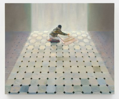 A painting of a person sitting on a tile floor. She appears to be drawing on a canvas.
