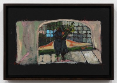 A painting of a person holding a bouquet of flowers in an archway. The painting has a large black background.