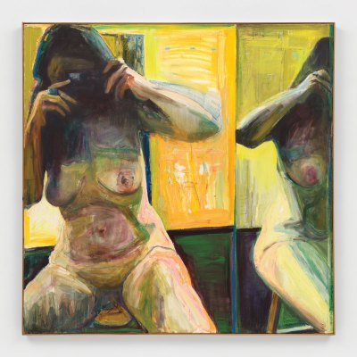 A painting of a nude woman sitting on a stool. She holds a camera up to her face as she snaps a self-portrait.