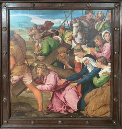 A 16th-century painting of Jesus falling as he carries the cross. The people behind him are dramatically posed.