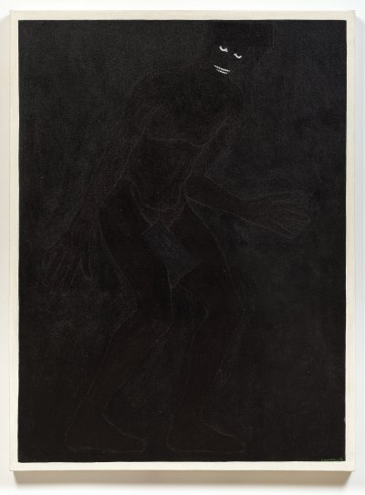 An all-black painting in which the outline of a Black man barely visible, as well as his white eyes and teeth being visible.