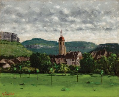 A landscape painting showing a church with a tower in the middle ground.