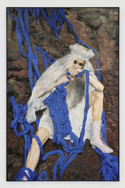 A painting of a woman in white wedding dress knitting a large blue material.