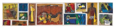 View of a wide painting consisting of various semi-abstract scenes.