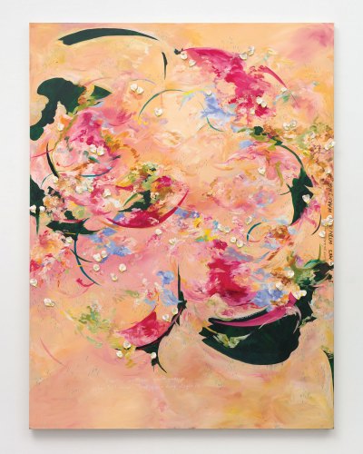 A mostly abstract painting that resembles a blurred floral arrangement.