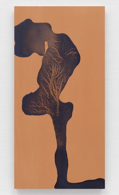 A mostly abstract painting in which a blue steak on a beige canvas resembles a human figure.