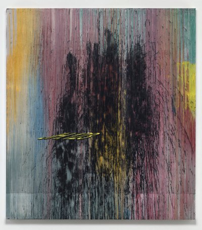 A mostly abstract painting with the letters JH123 floating sideway.