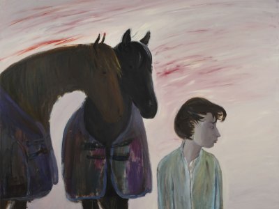 A painting of a woman looking to the right. At her left are two horses looking at her.