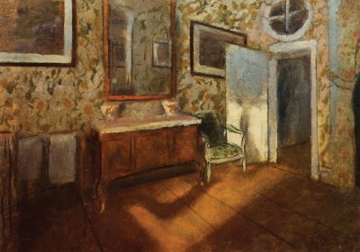 A painting of the interior of a room with the sun seen through an unseen window.