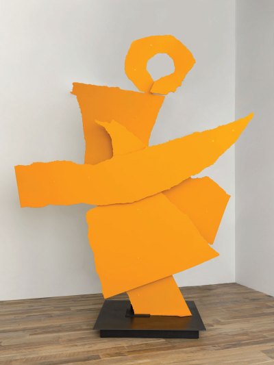 A 3D sculpture that resembles a human figure made up of torn pieces of orange paper.