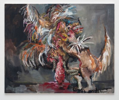 A painting in which animals seem to attack each other in a flurry.