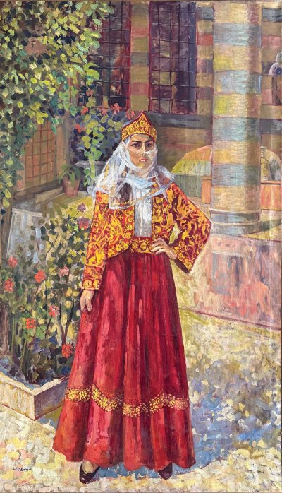 A painting of a woman who is dressed modestly with a veil over her face. She stands in an courtyard.