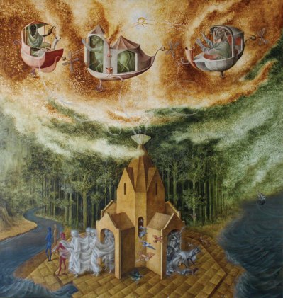 A view of a church-like structure from which spirits emerge. A thick forest is seen behind and a dreamlike sequence above.