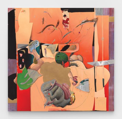 An abstract painting with various shapes and scratches.