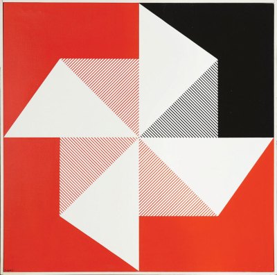 An abstract painting that is mostly red and has a white star at the center.