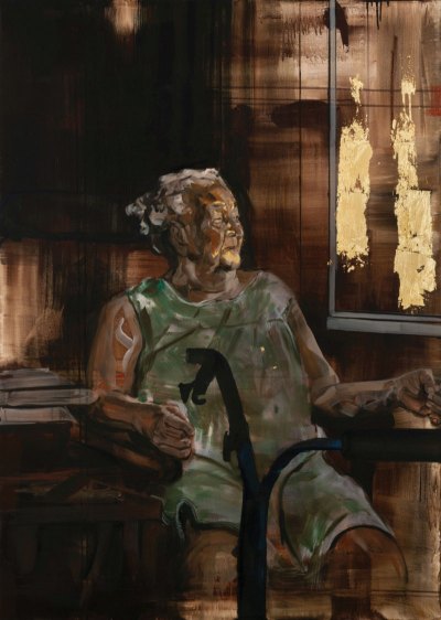 A painting of an old woman looking out a window.