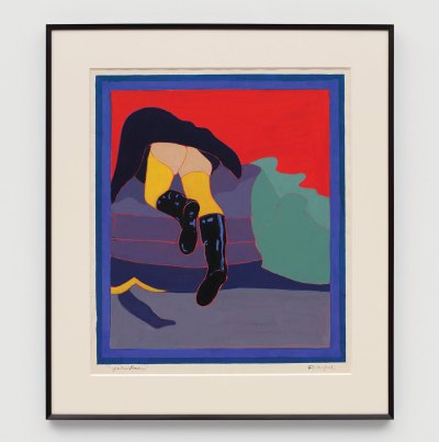A painting of a woman leaning over a mattress looking for something. You can see up her skirt and her yellow stockings are visible.
