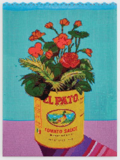 A painting of a floral plant growing out of an El Pato can.
