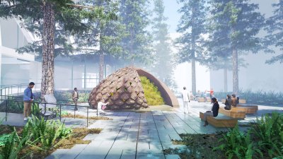 A rendering of a sculpture in a redwood park that resembles a mound of dirt that has been incised to remove part of it to reveal grass growing inside. 