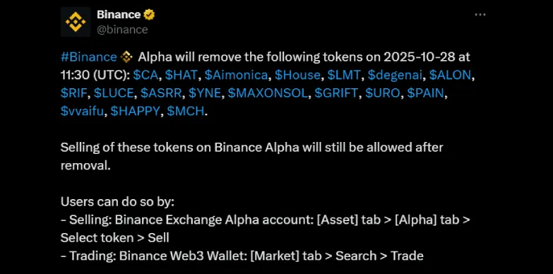 Binance will delist 18 tokens today, October 28, 2025 Binance will delist 18 tokens today
