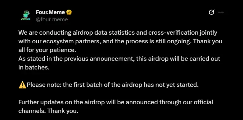 Four.Meme announces delay through a post on social media platform X Four.Meme announces delay through a post on social media platform X