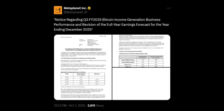 Company releases Bitcoin Income Generation Business Performance and Revision of the Full-Year Earning Forecast for Year 2025
