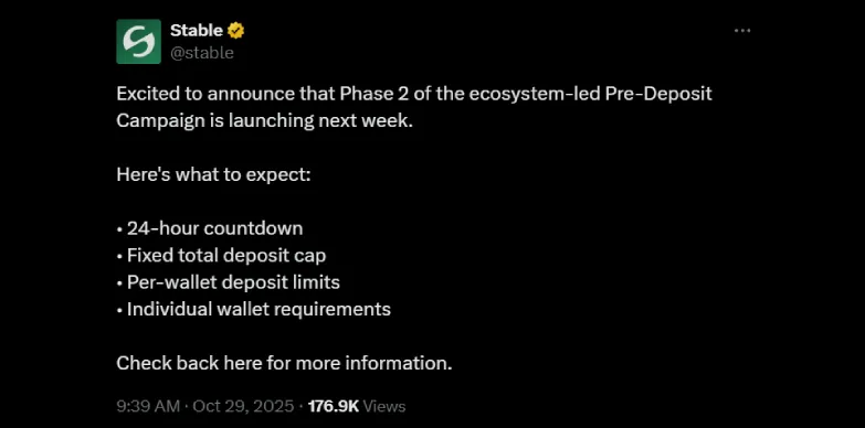 Stable announces phase 2 of the Pre-Deposit Campaign launching next week Stable announces phase 2 campaign launching next week