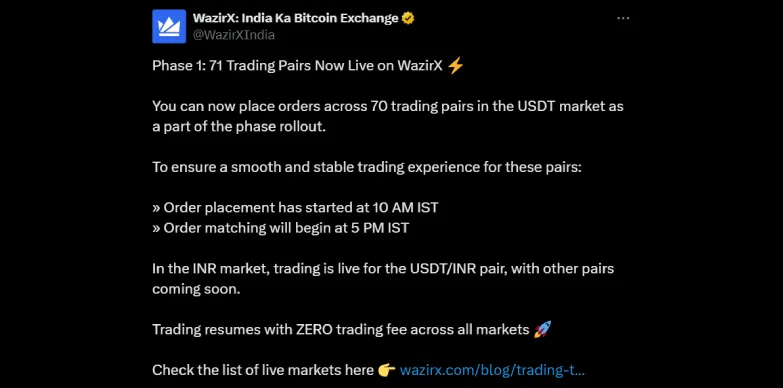 WazirX resumes trading in phases WazirX resumes trading in phases