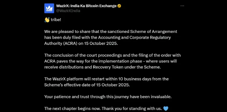 WazirX announces filing Scheme of Arrangement with ARCA on October 15, 2025 WazirX announces filing Scheme of Arrangement with ARCA on October 15, 2025