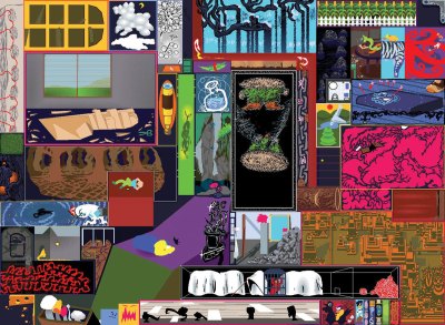 A painting that resembles various scenes from video games composited together.