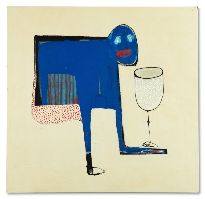 A painting of a blue figure next to a glass with white dots in it.